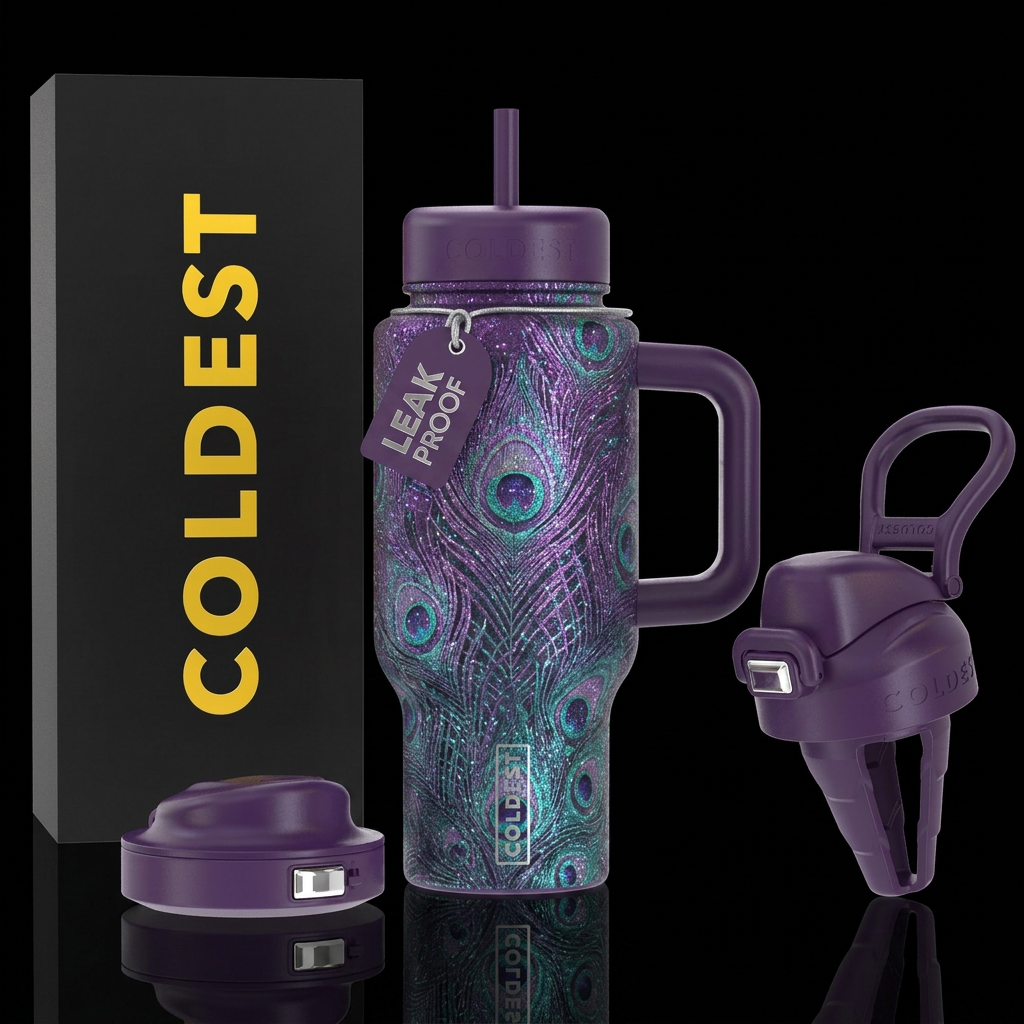 sparkly peacock feathers purple bottle water bottle design
