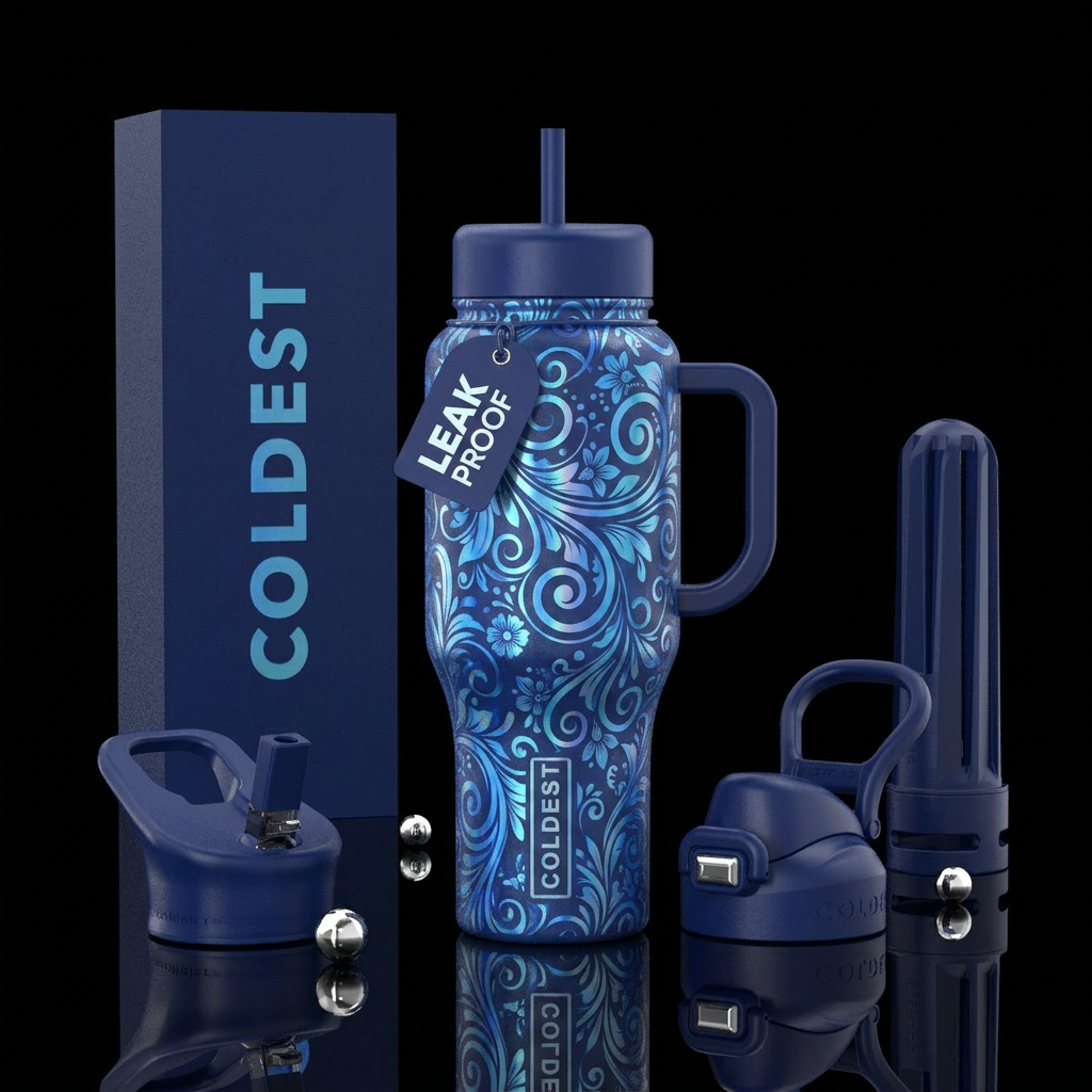 blue floral holographic swirls water bottle design