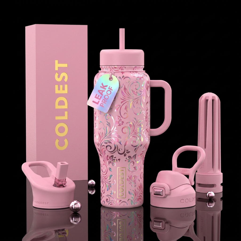pink floral swirl holographic water bottle design