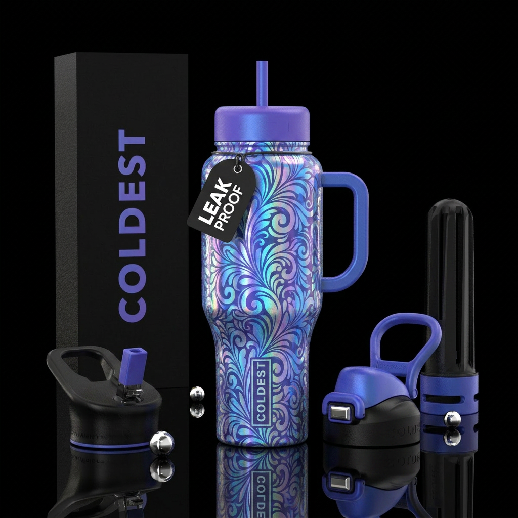 blue purple floral swirls holographic water bottle design