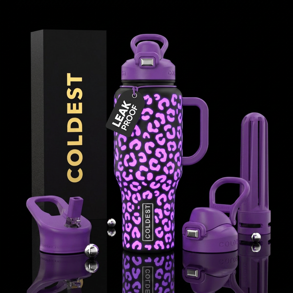 purple glowie leopard water bottle design