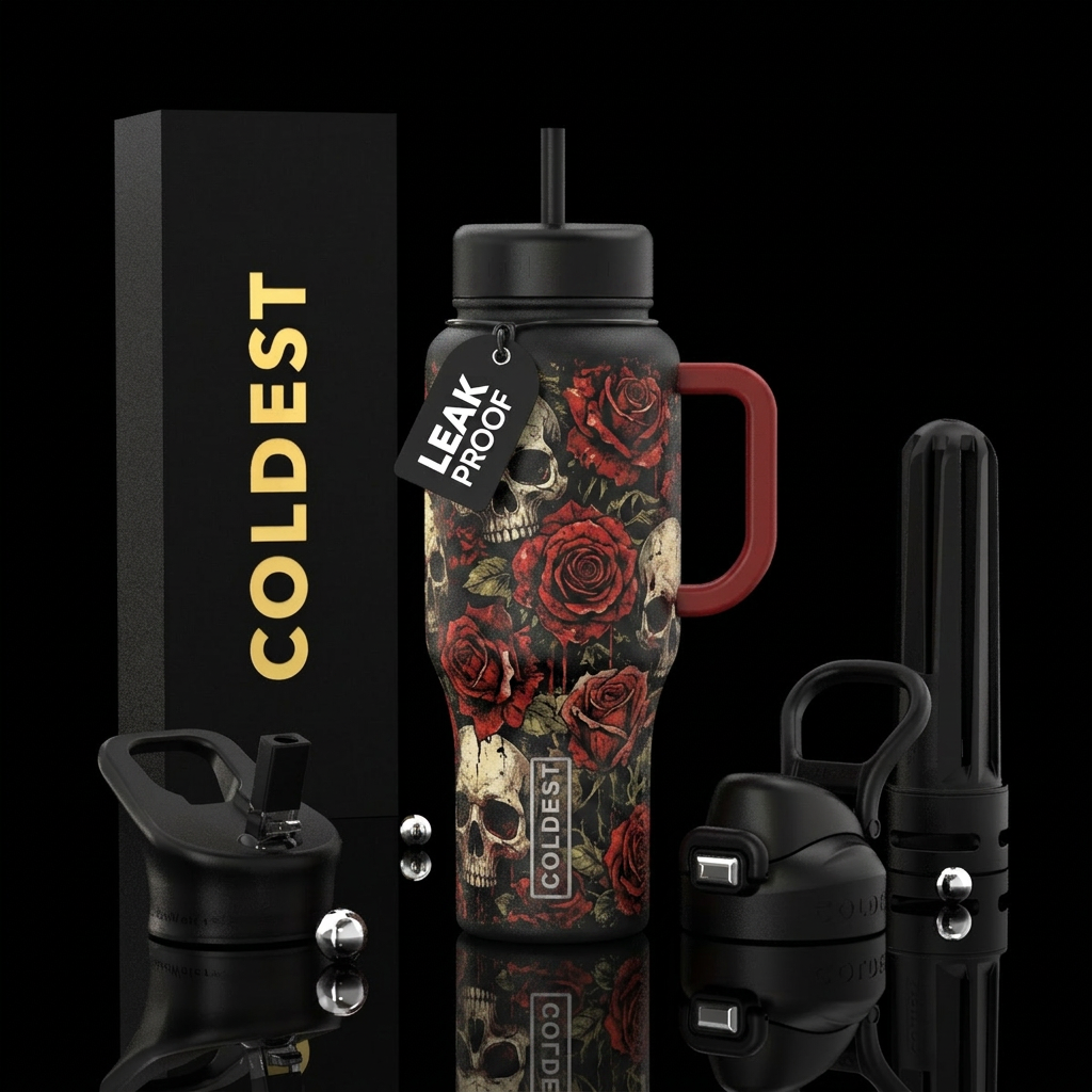 Rose and skull, grunge, distressed, edgy texture, ... water bottle design