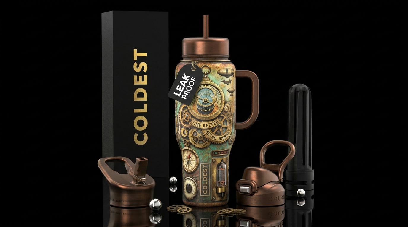 Time travel, vintage, retro, classic style, highly... water bottle design