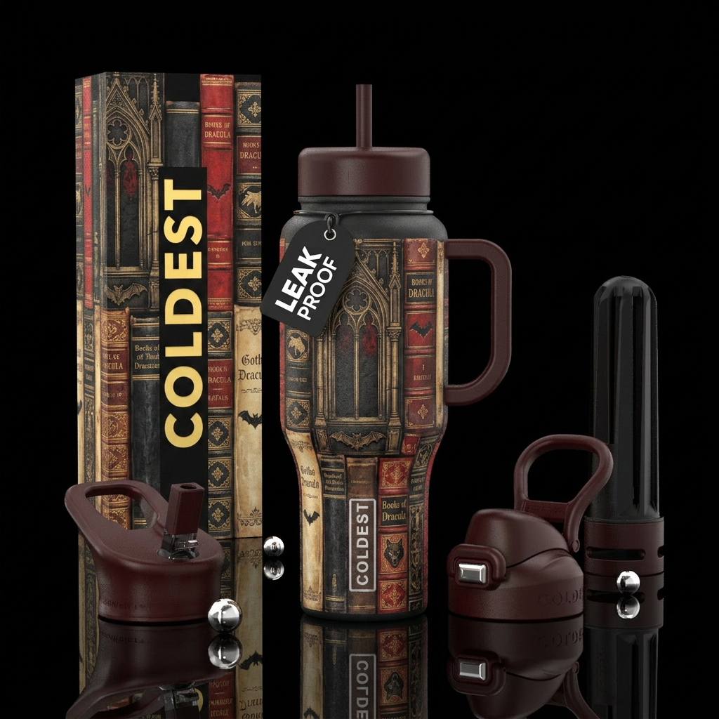 Books of Dracula, vintage, retro, classic style, h... water bottle design
