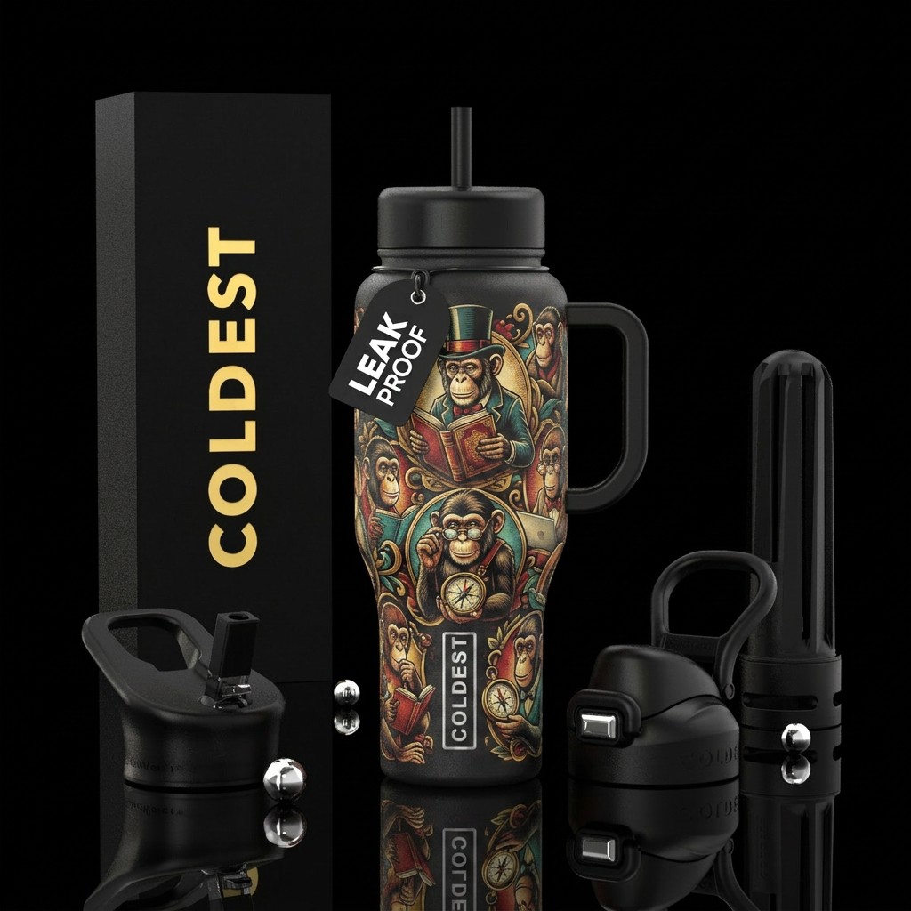 Monkey business, vintage, retro, classic style, hi... water bottle design