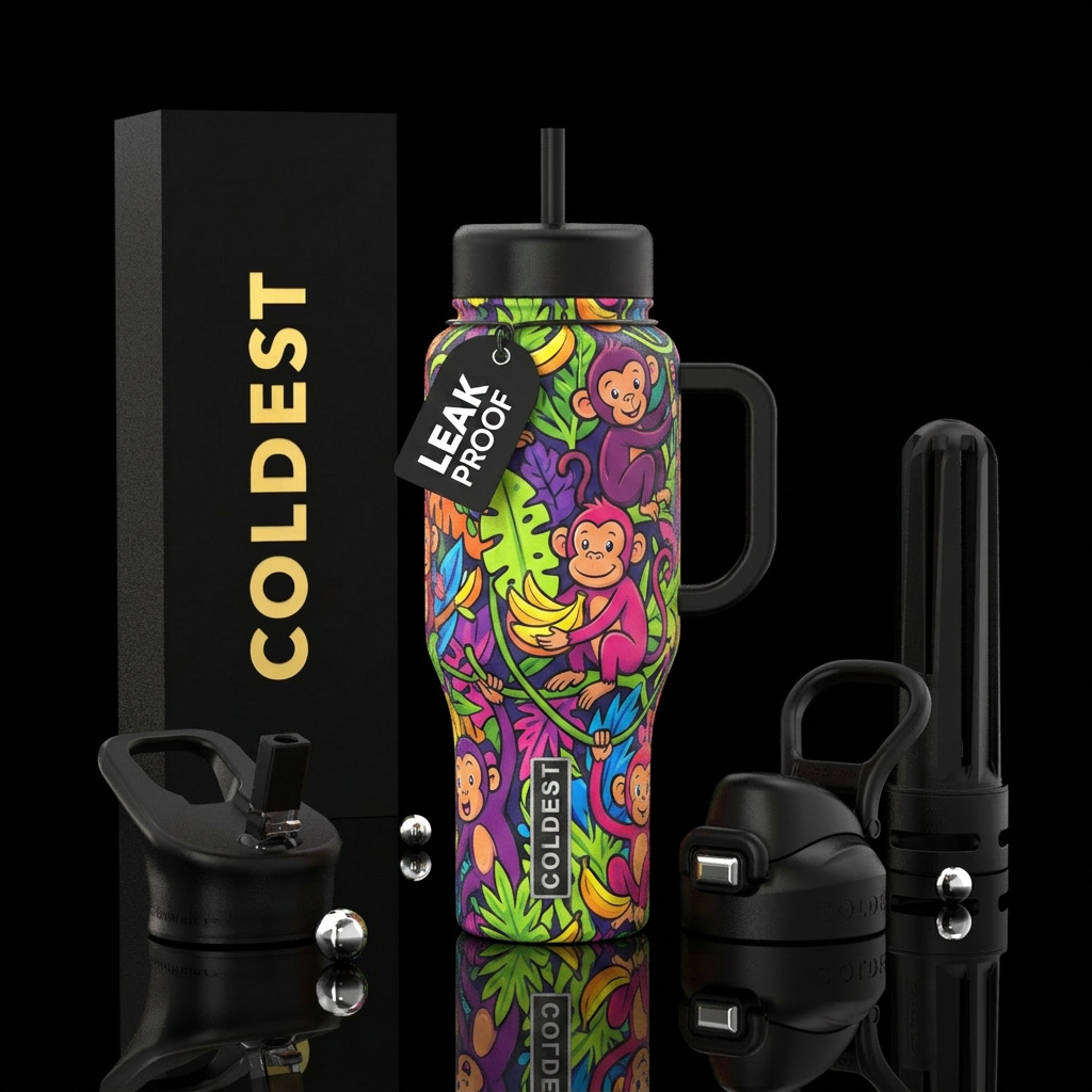 Monkey business, playful, fun, vibrant and colorfu... water bottle design