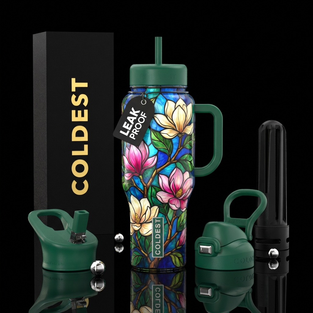 Stained glass, magnolia water bottle design