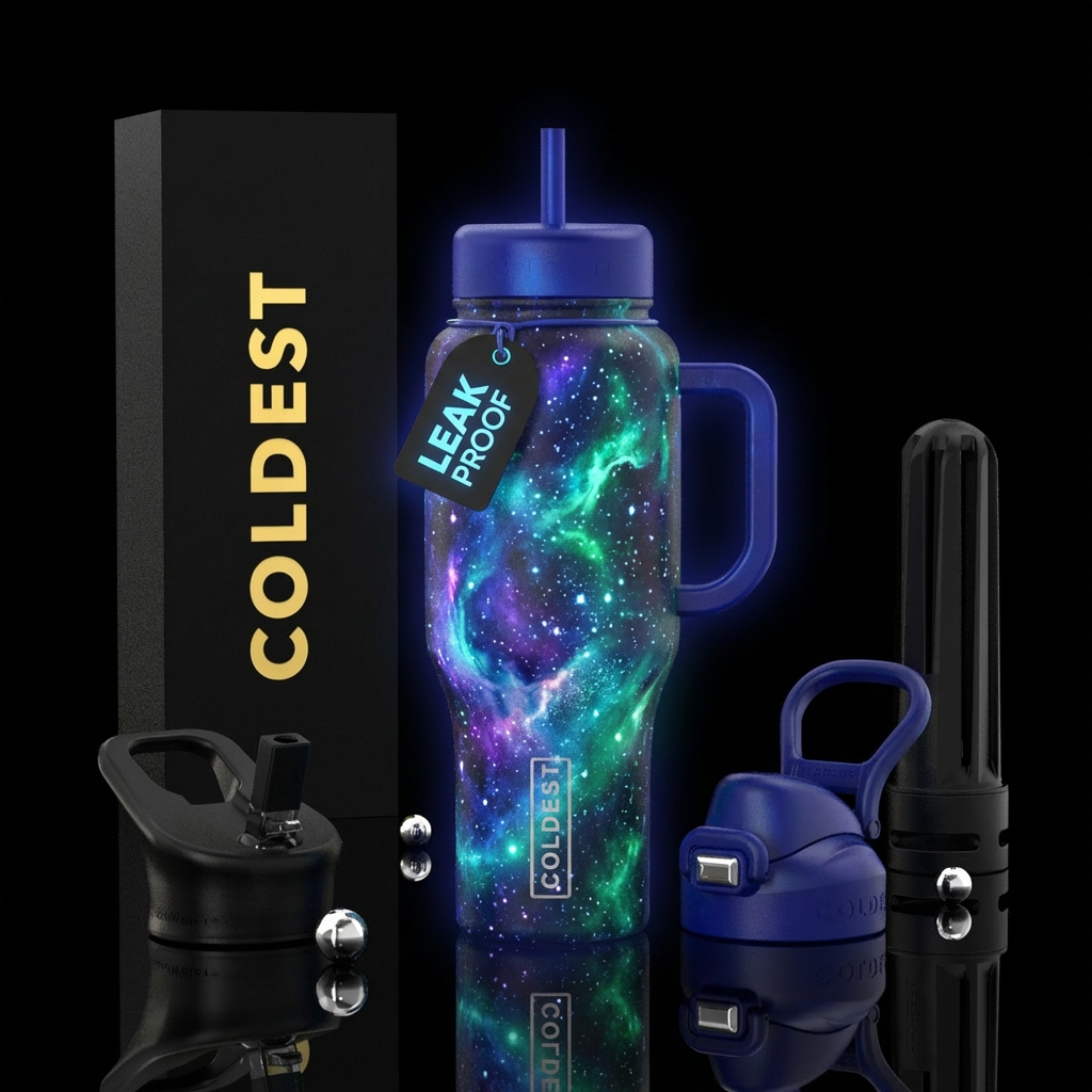 galaxy, abstract,, bioluminescent water bottle design
