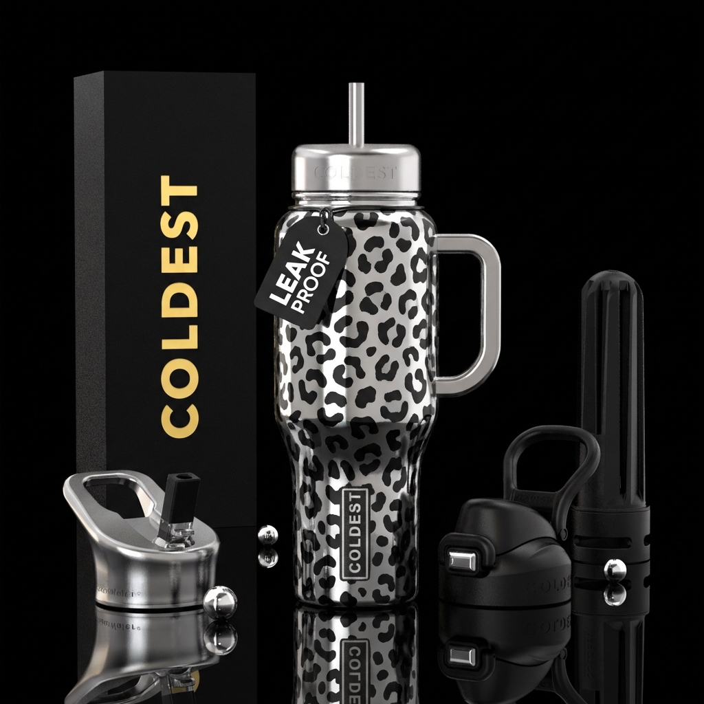 Black leopard shiny silver water bottle design