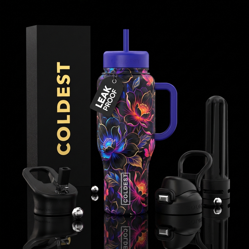 Black floral vibrant water bottle design