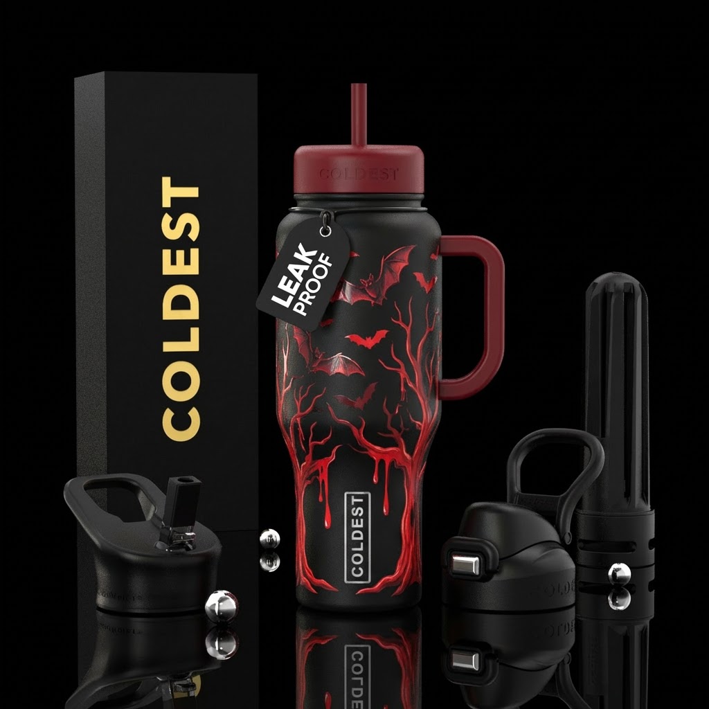 Bats blood trees water bottle design