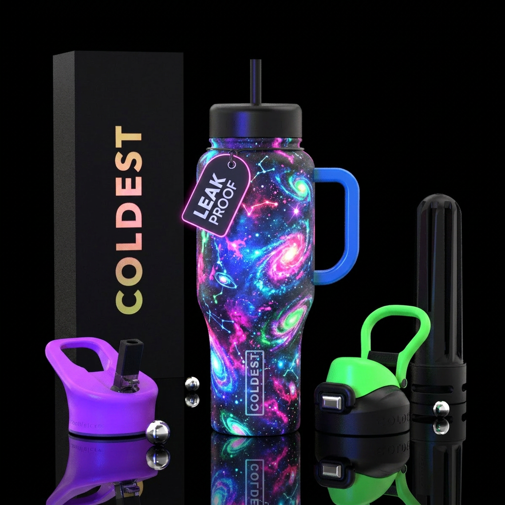 Galaxies that are neon and glow water bottle design