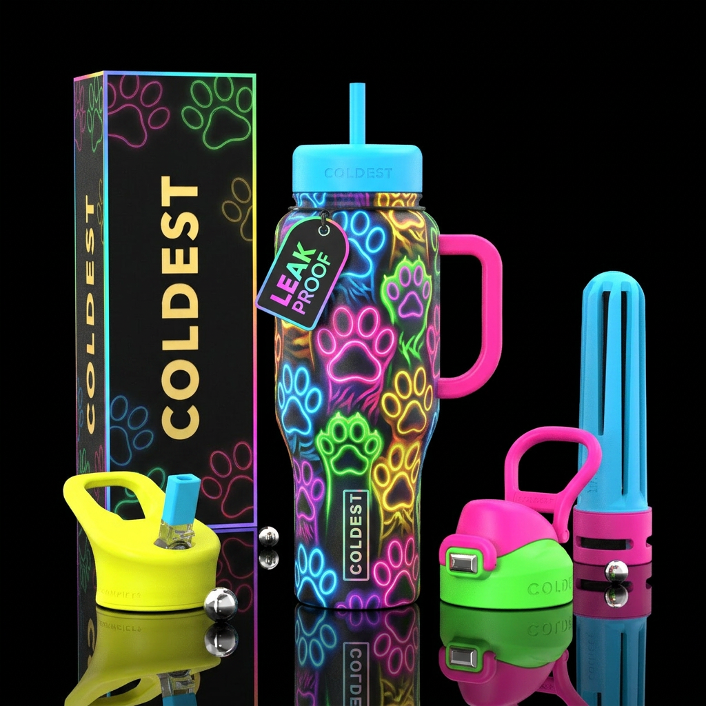 Abstract neon pet paws water bottle design