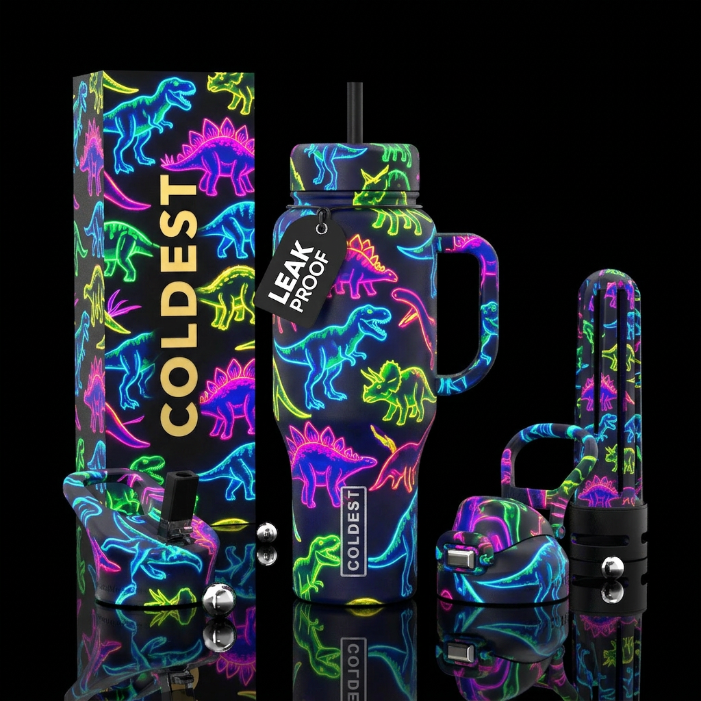 Neon abstract dinosaurs water bottle design