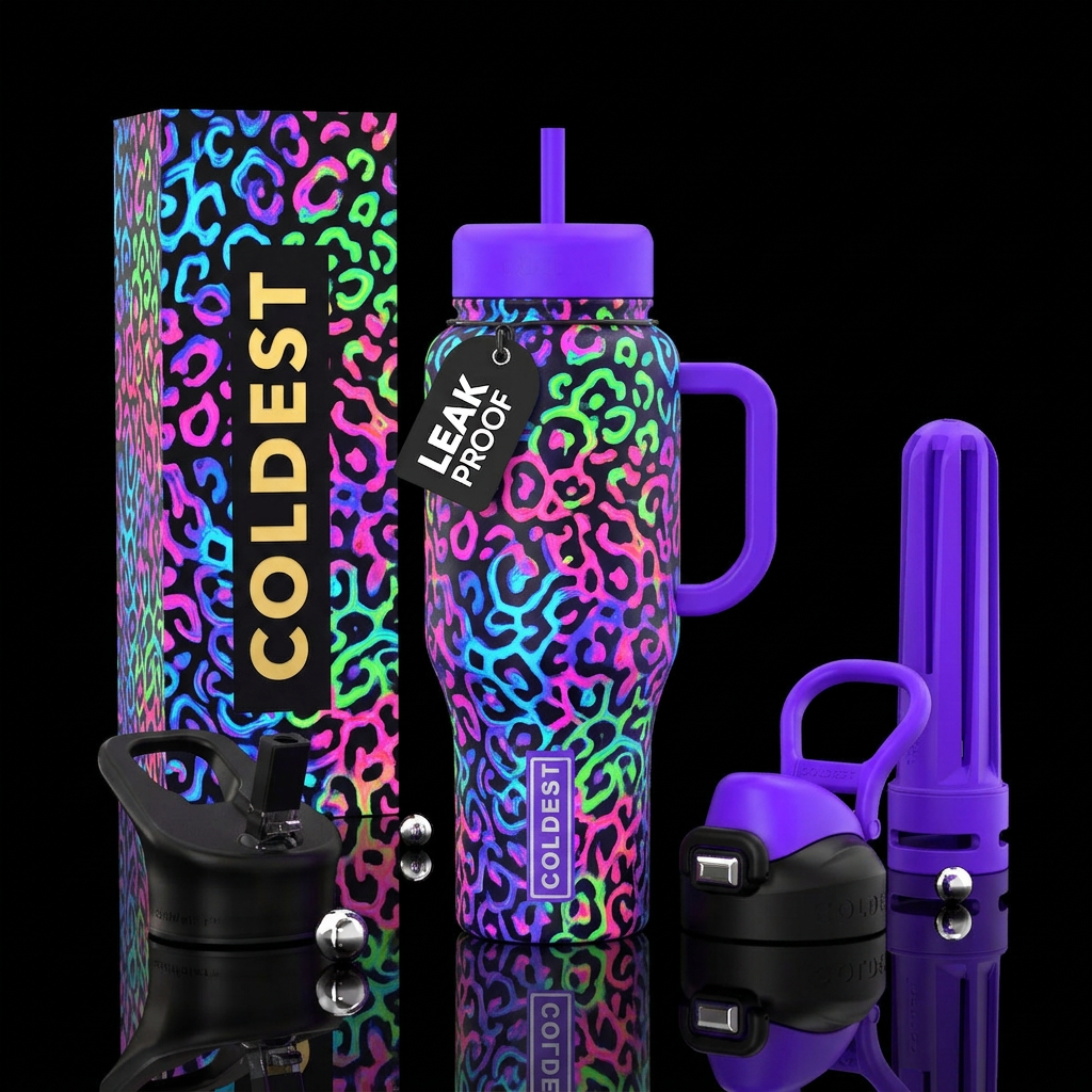 Neon abstract cheetah prints water bottle design