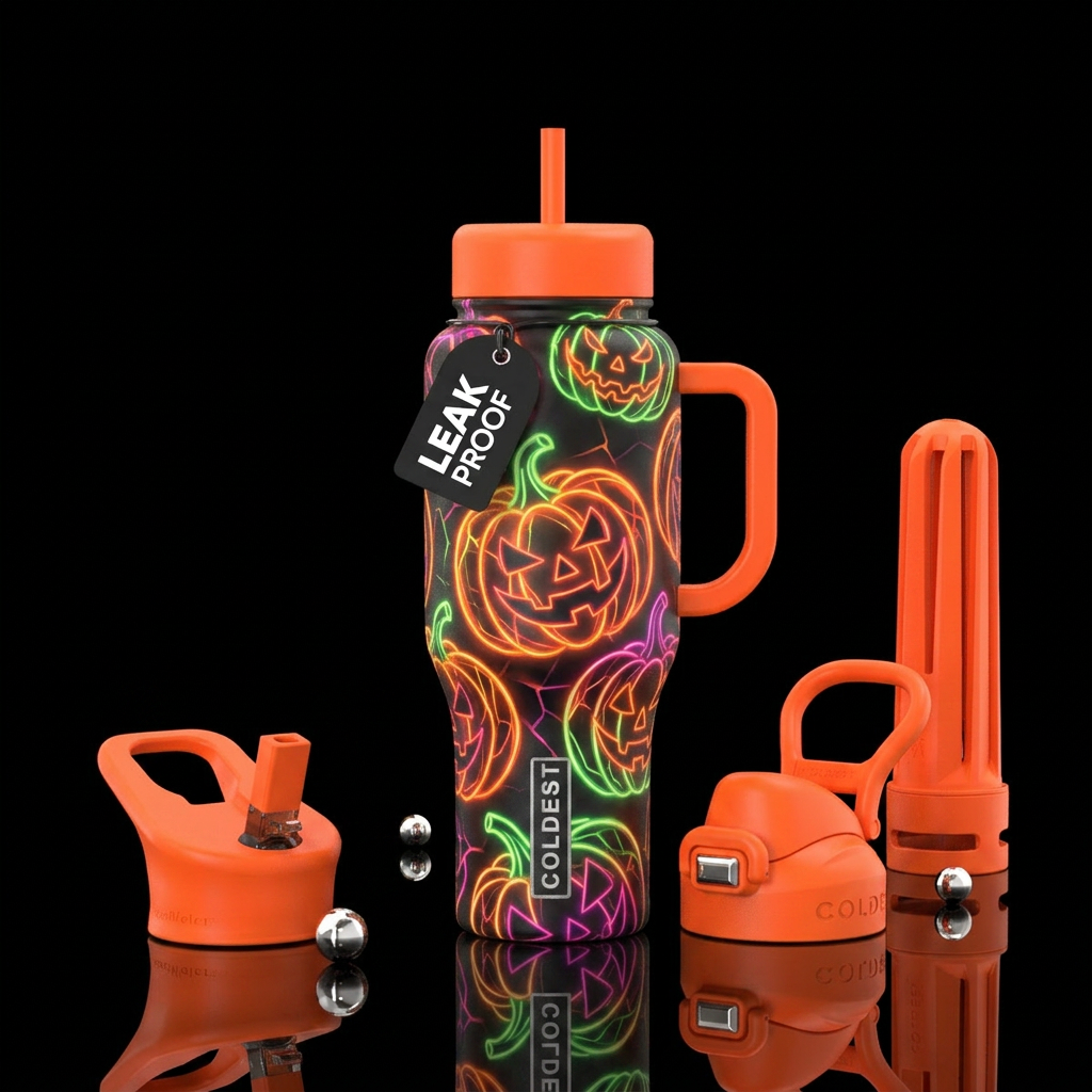 Neon abstract pumpkins water bottle design