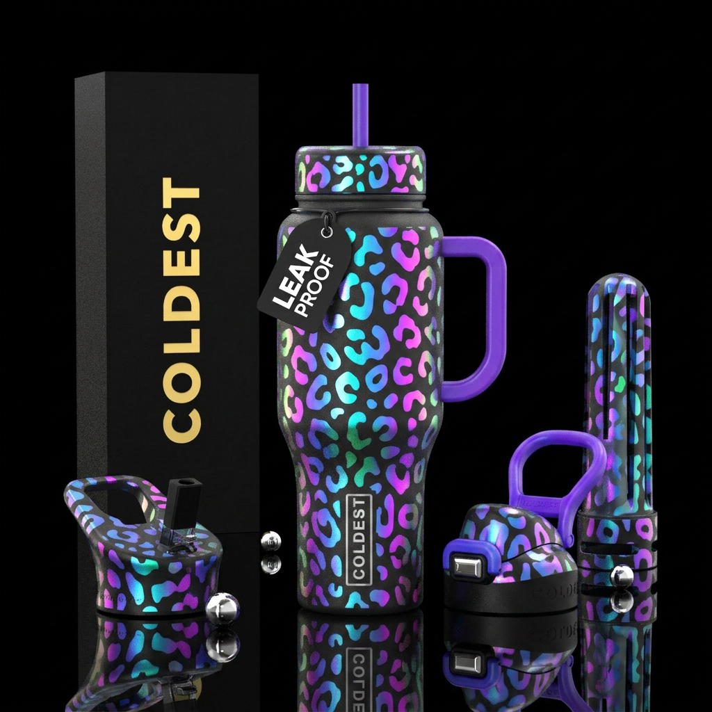leopard iridescent abstract neon water bottle design