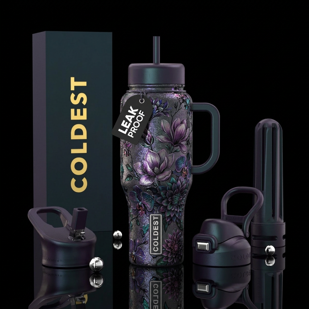 Floral dark shimmer water bottle design