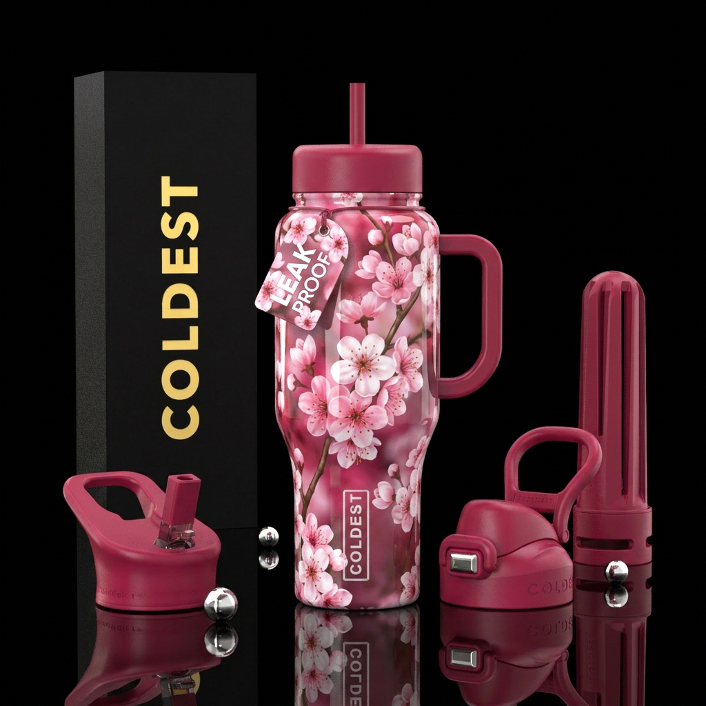 cherry blossom, glossy water bottle design