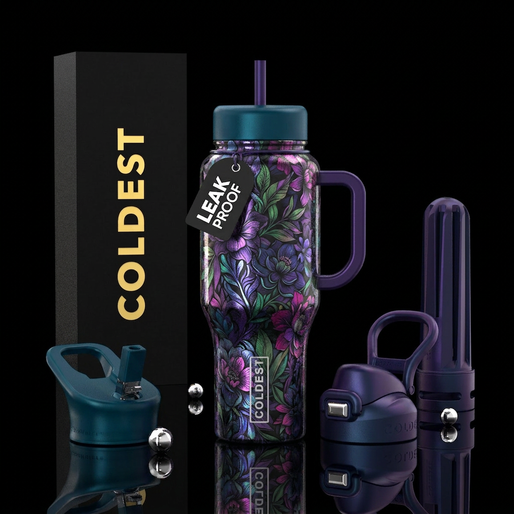 Floral dark vibrant shimmer water bottle design