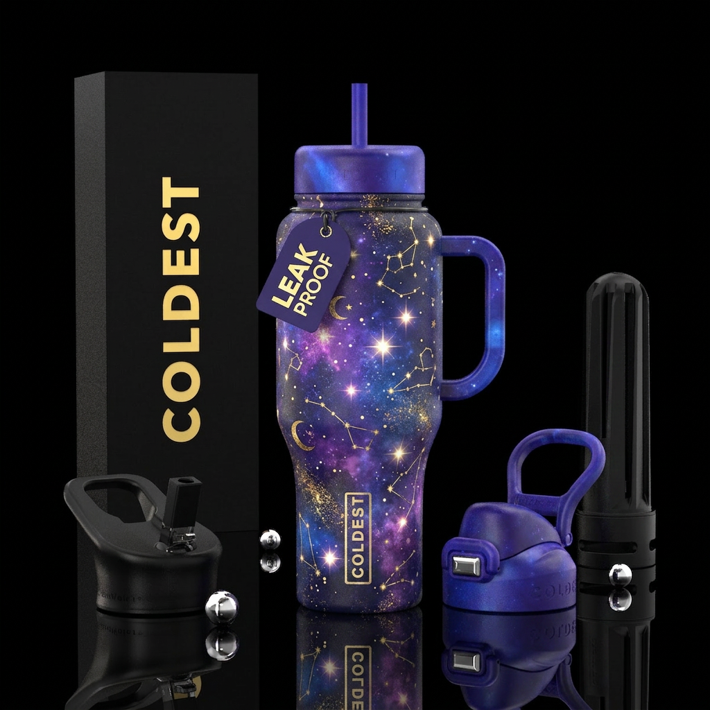 Celestial theme with glowing stars, moons, and con... water bottle design