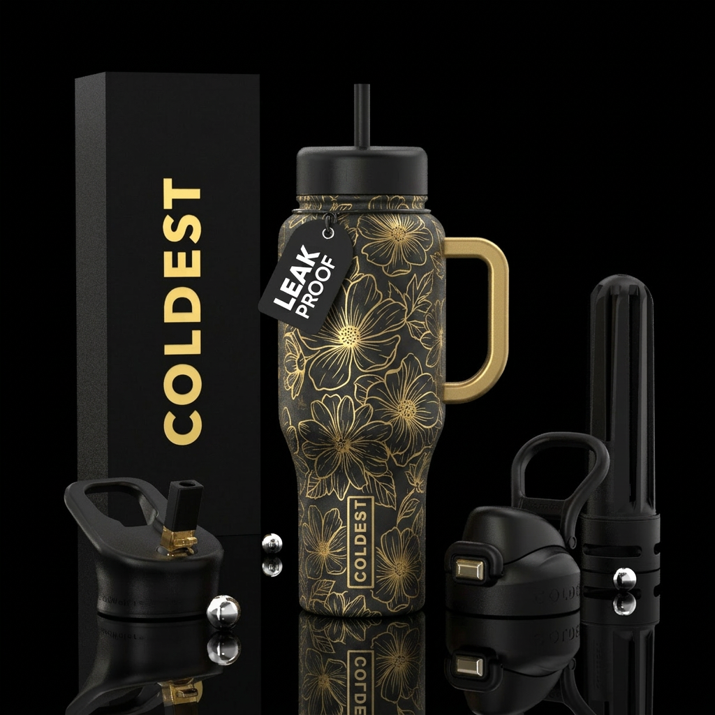 Matte black background with gold line-art flowers. water bottle design