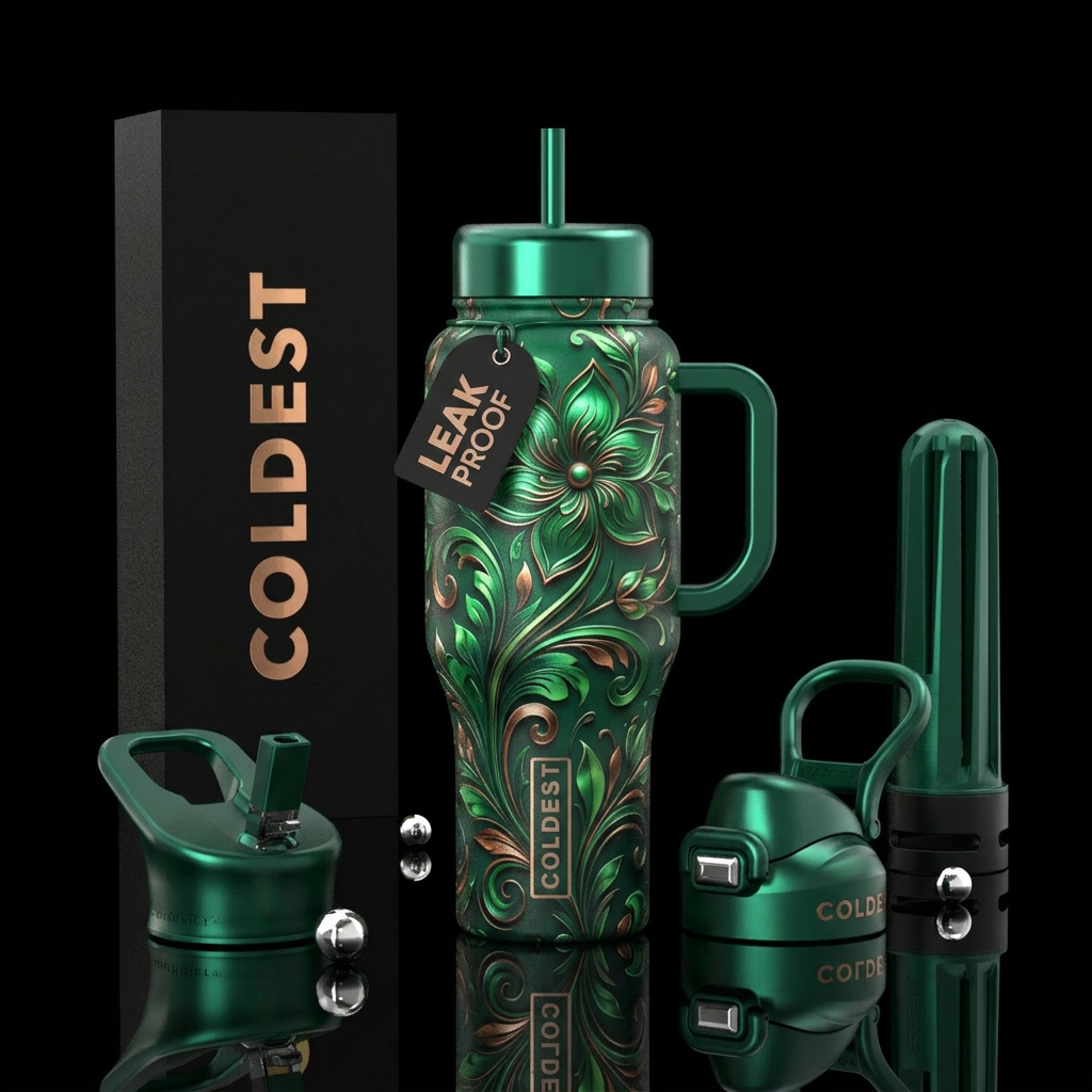 Floral with Deep emerald with metallic accents water bottle design
