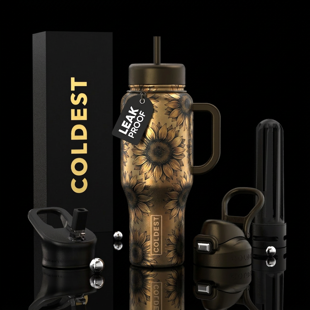 Black simmer gold sunflowers water bottle design