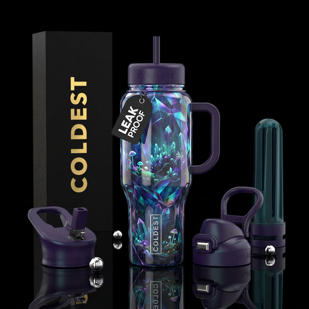 enchanting, prismatic, hidden realm water bottle design