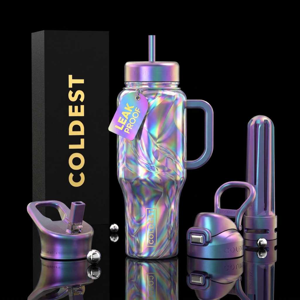 enchanting, prismatic, hologram,, magical water bottle design
