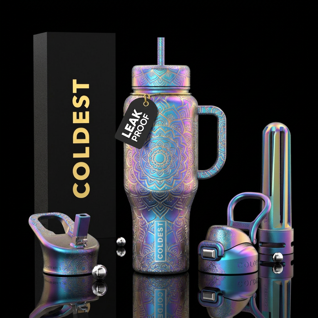 iridescent,, mandala, euphoric water bottle design