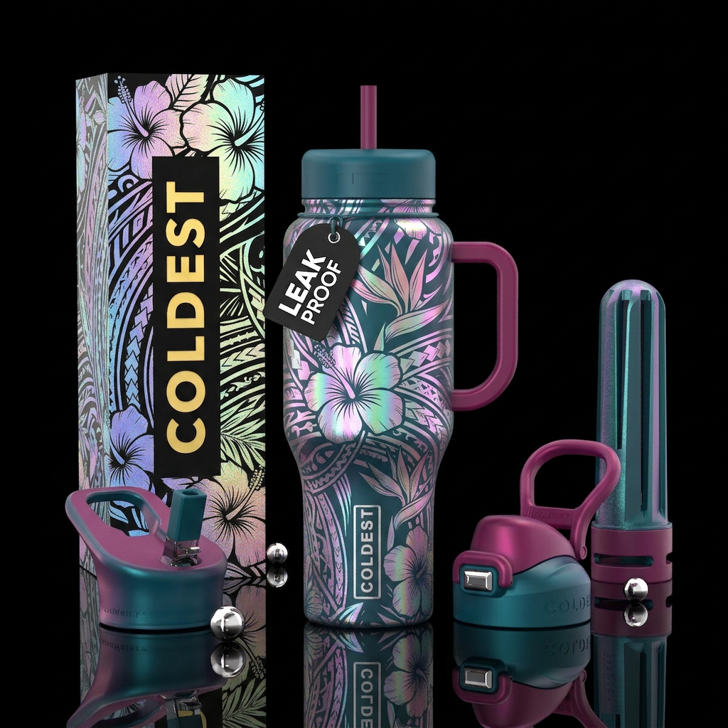 iridescenmt,, tropical flowers, polynesian water bottle design