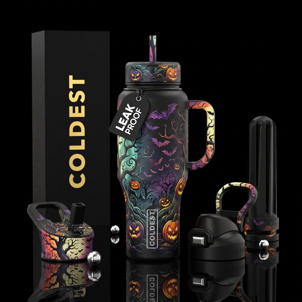 Bats, pumpkins, eerie trees water bottle design