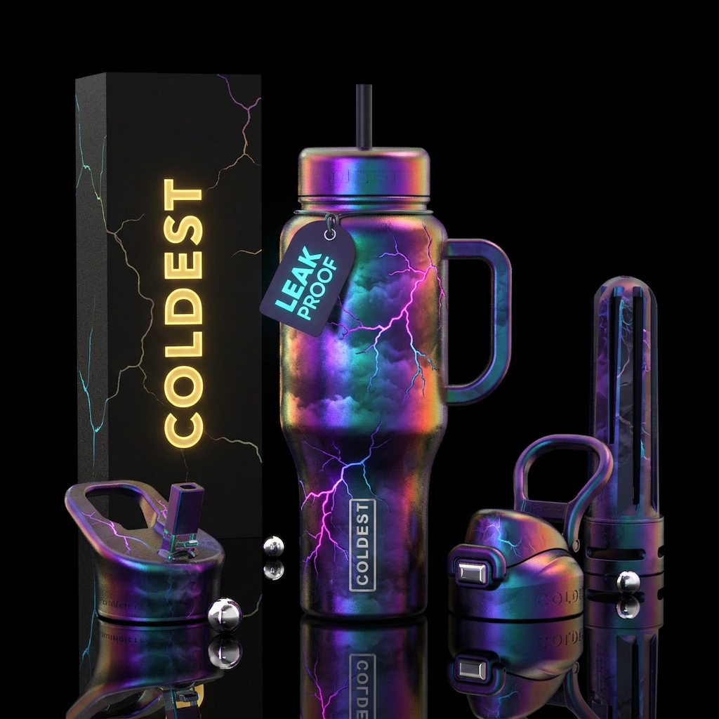 iridescent,, thunderstorm,, halloween, neon water bottle design