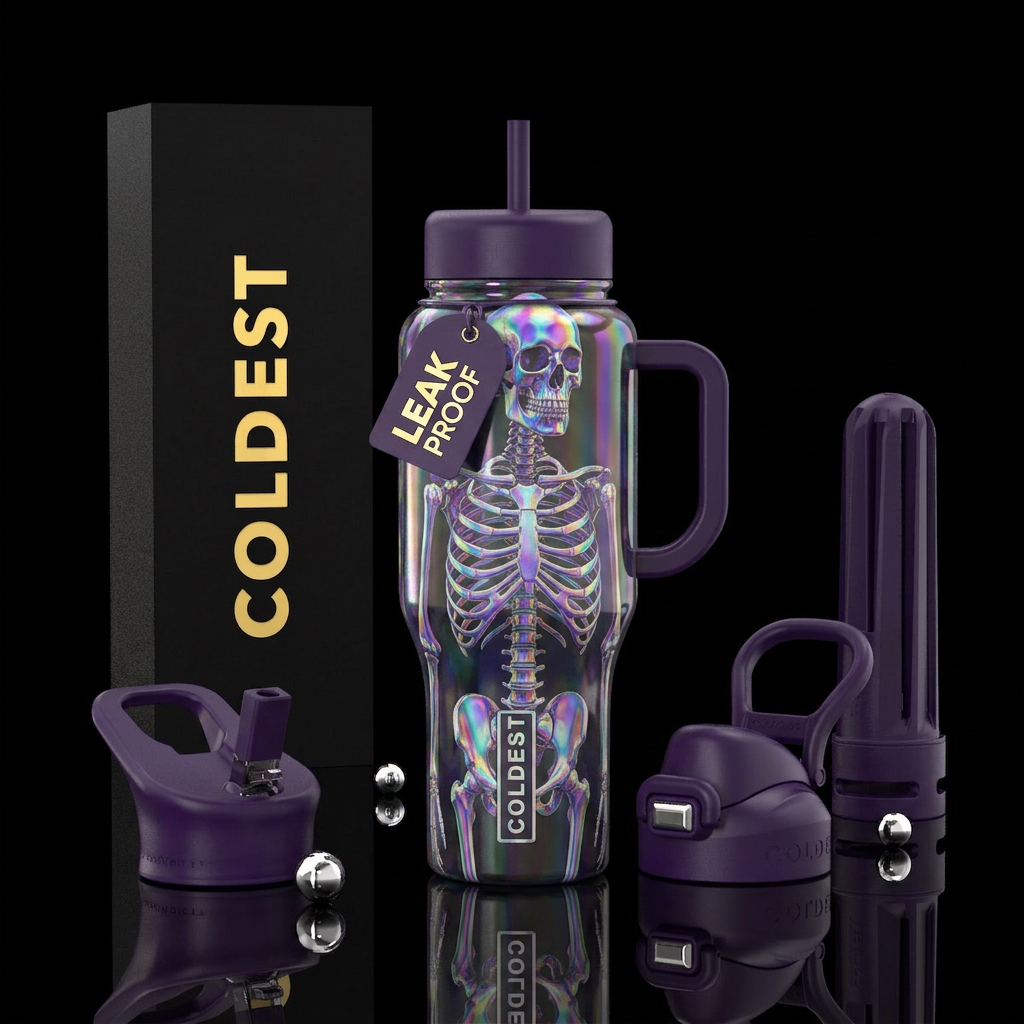 iridescent, prismatic skeleton water bottle design