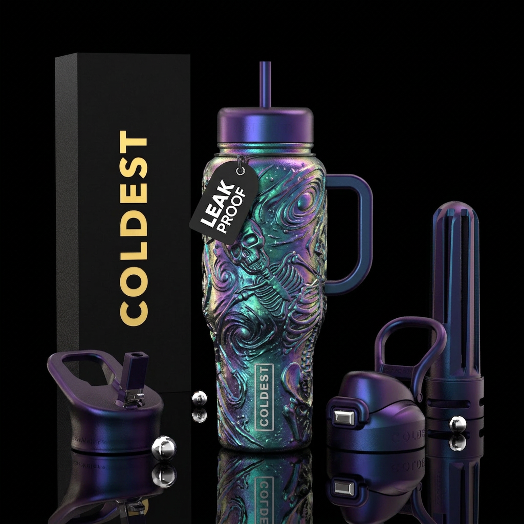 iridescent, prismatic skeleton, cosmic horror water bottle design
