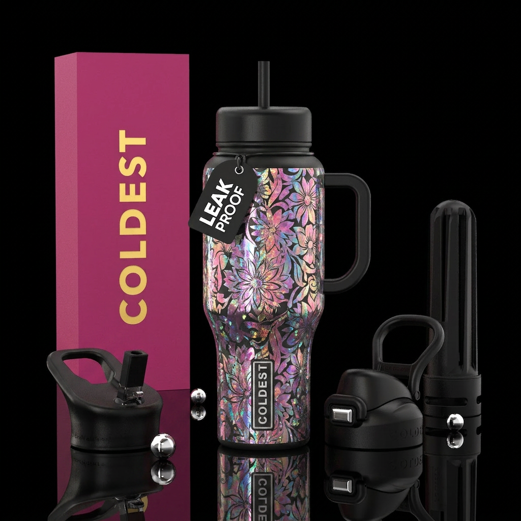 iridescent, prismatic, floral sparkly water bottle design