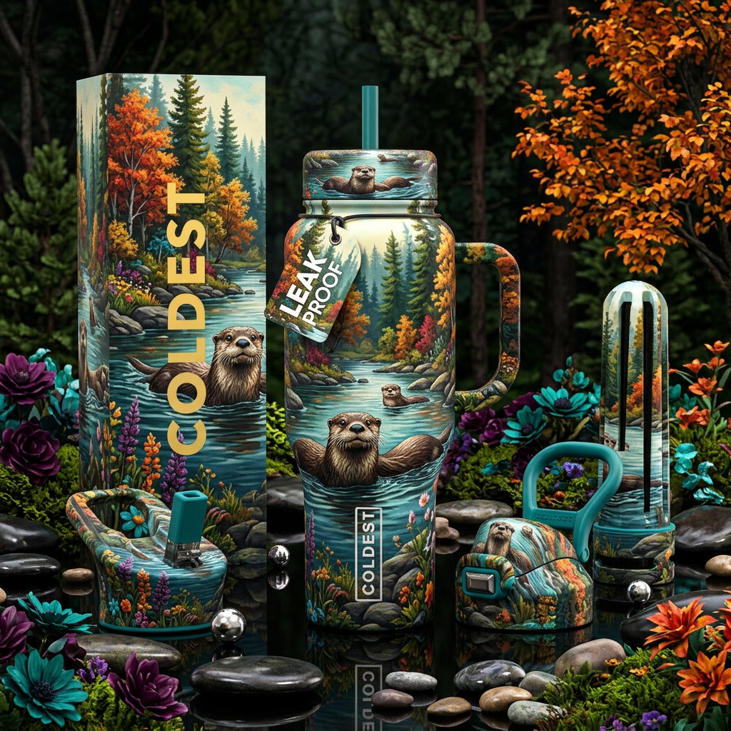 Otters, nature, trees water bottle design
