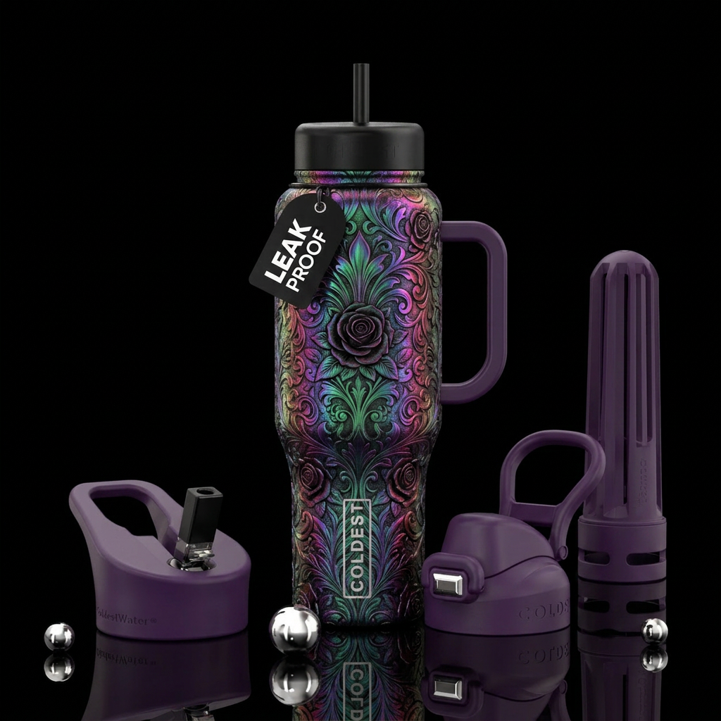 Gothic floral irradesent water bottle design