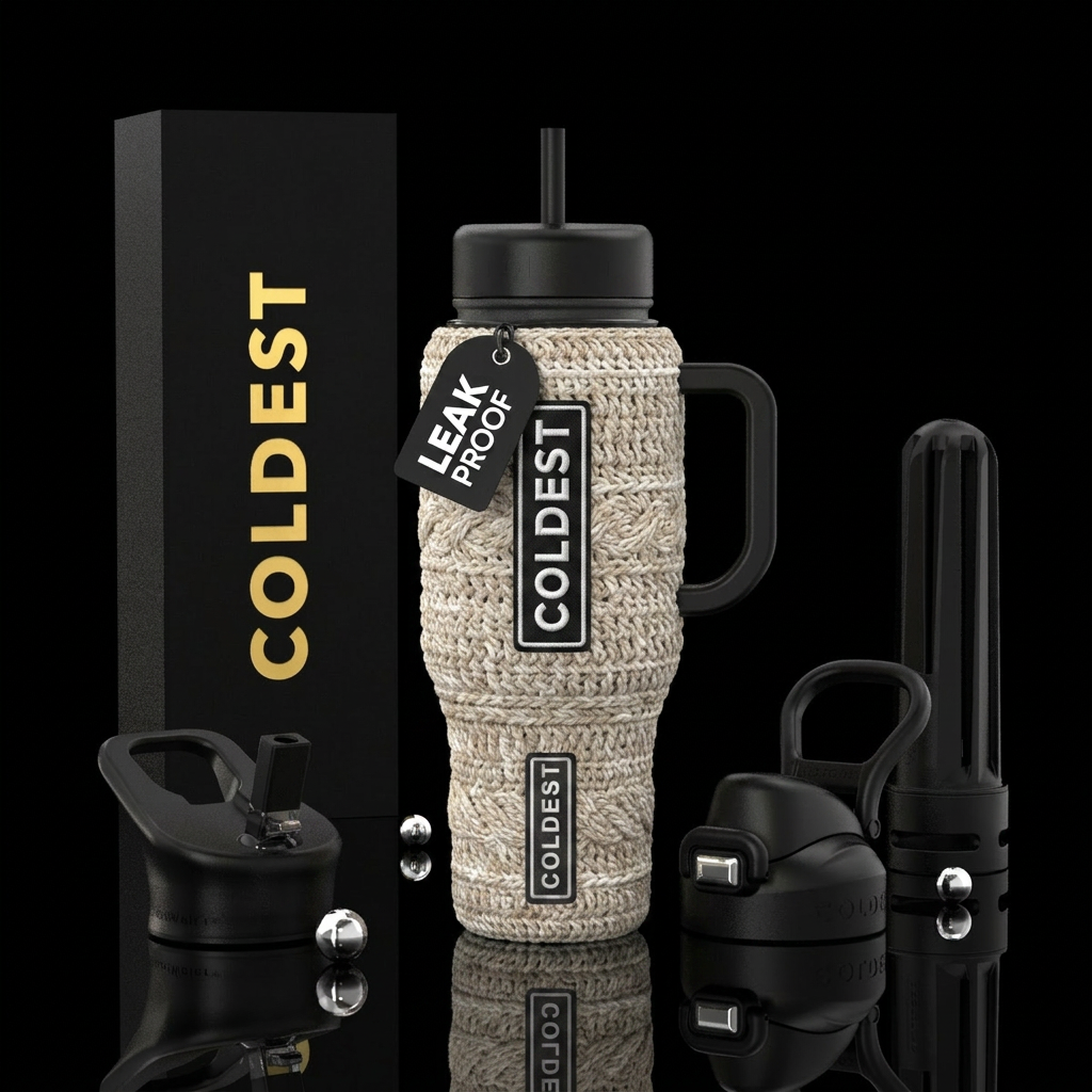 The whole bottle has a crochet look, as if the bot... water bottle design