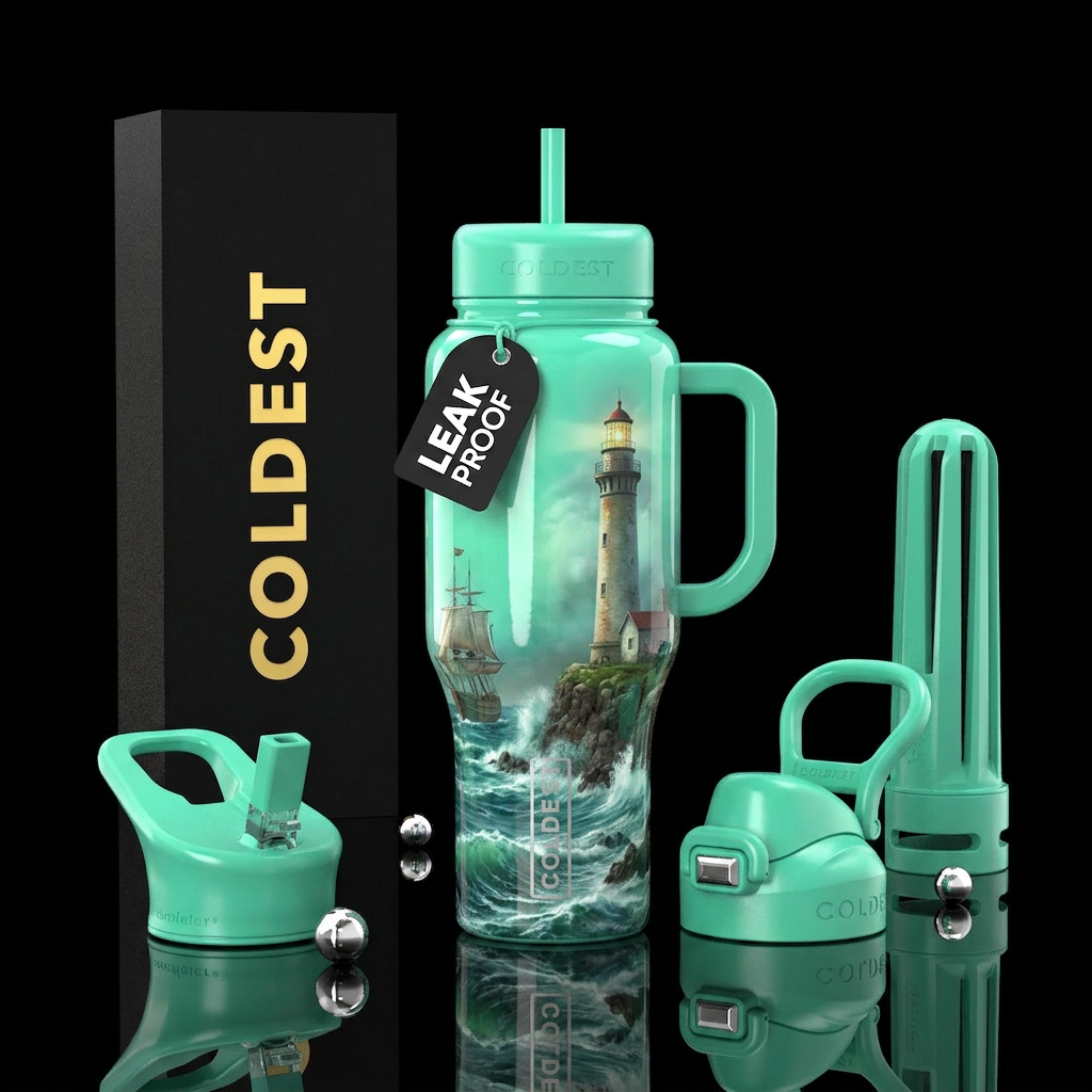 Seafoam, lighthouse water bottle design