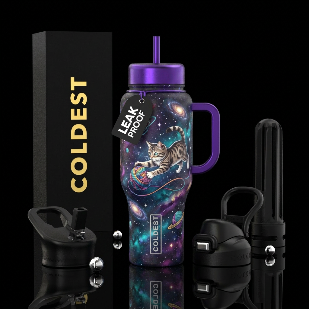 Cat playing with ball yarn, space water bottle design