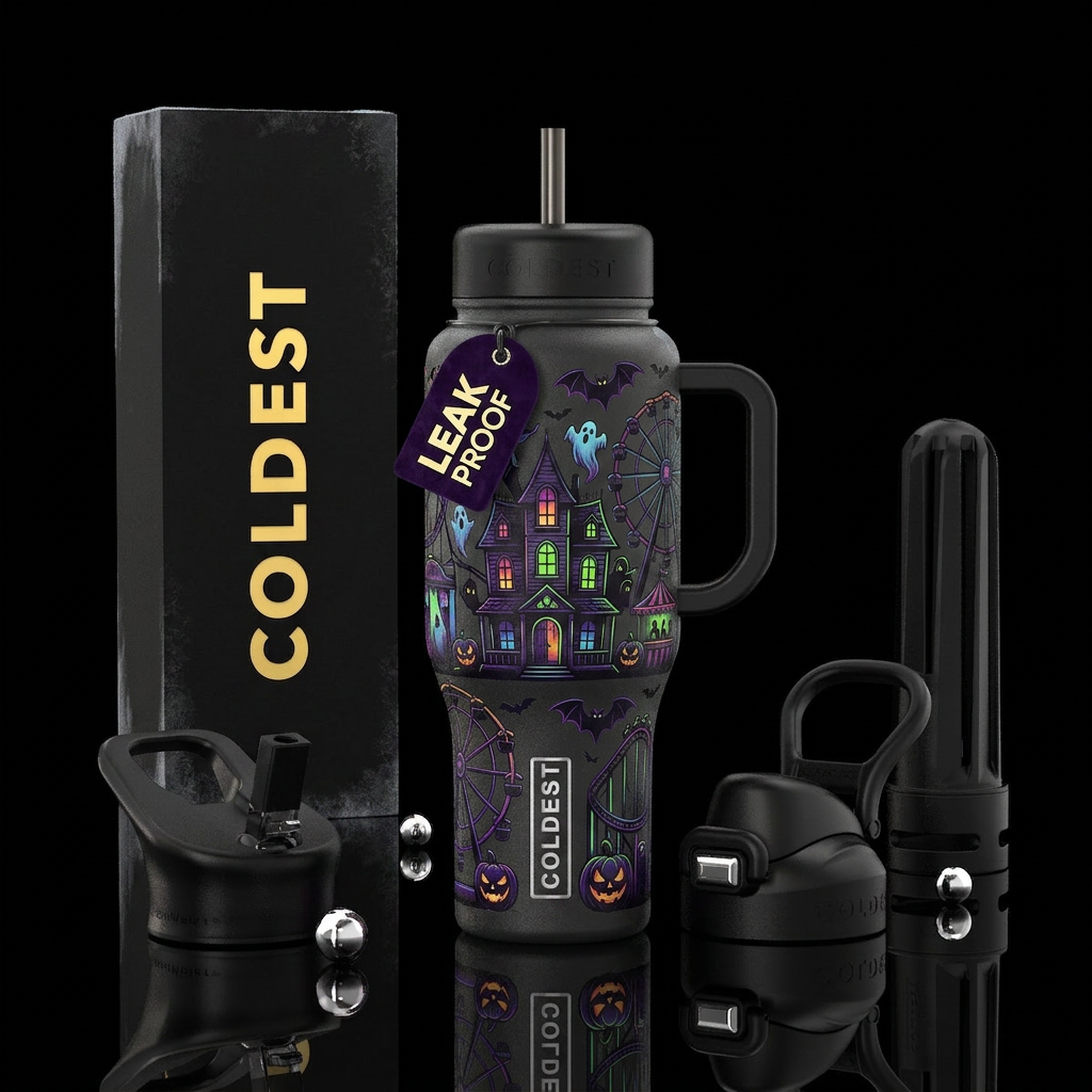 fun, amusement park, haunted house water bottle design