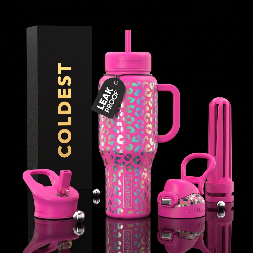 Iridescent leopard print on hot pink bottle water bottle design