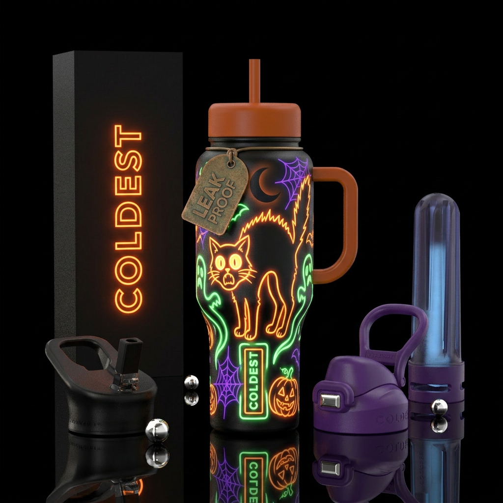 Scared cat, glowie, halloween water bottle design