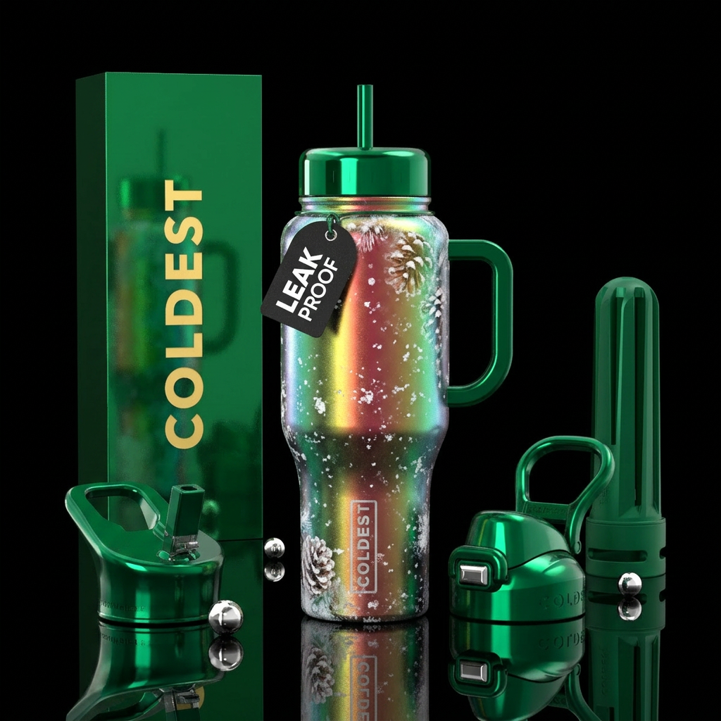 Christmas, snow, iradecent water bottle design