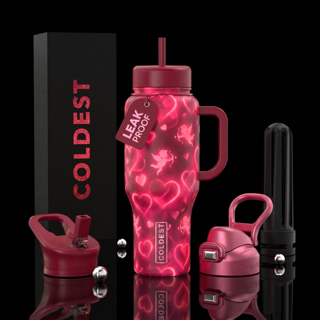 Valentine’s Day, Cupid, hearts, pink and red Glowi... water bottle design