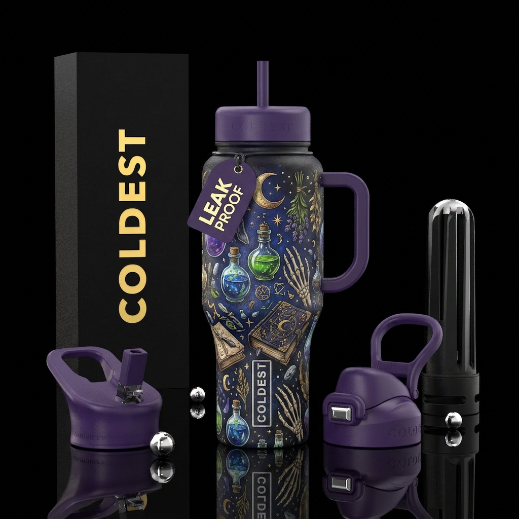 Witch, potions, spells, spooky water bottle design