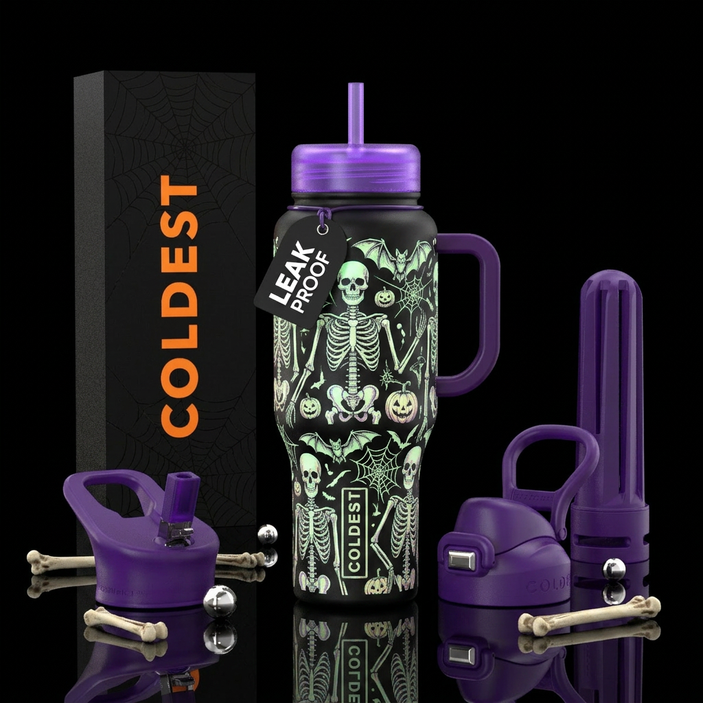 Spooky, skeletons, Glowie, halloween water bottle design
