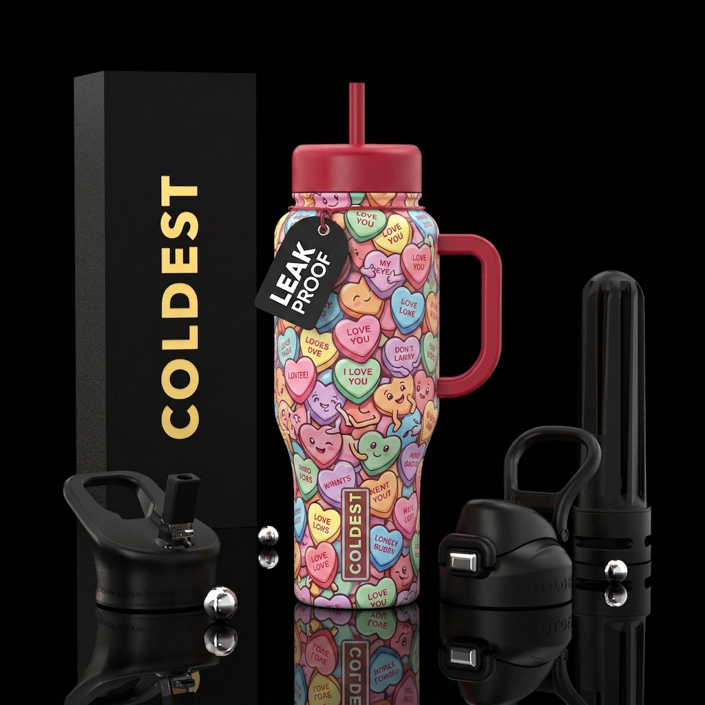 Cartoon candy heart buddies water bottle design